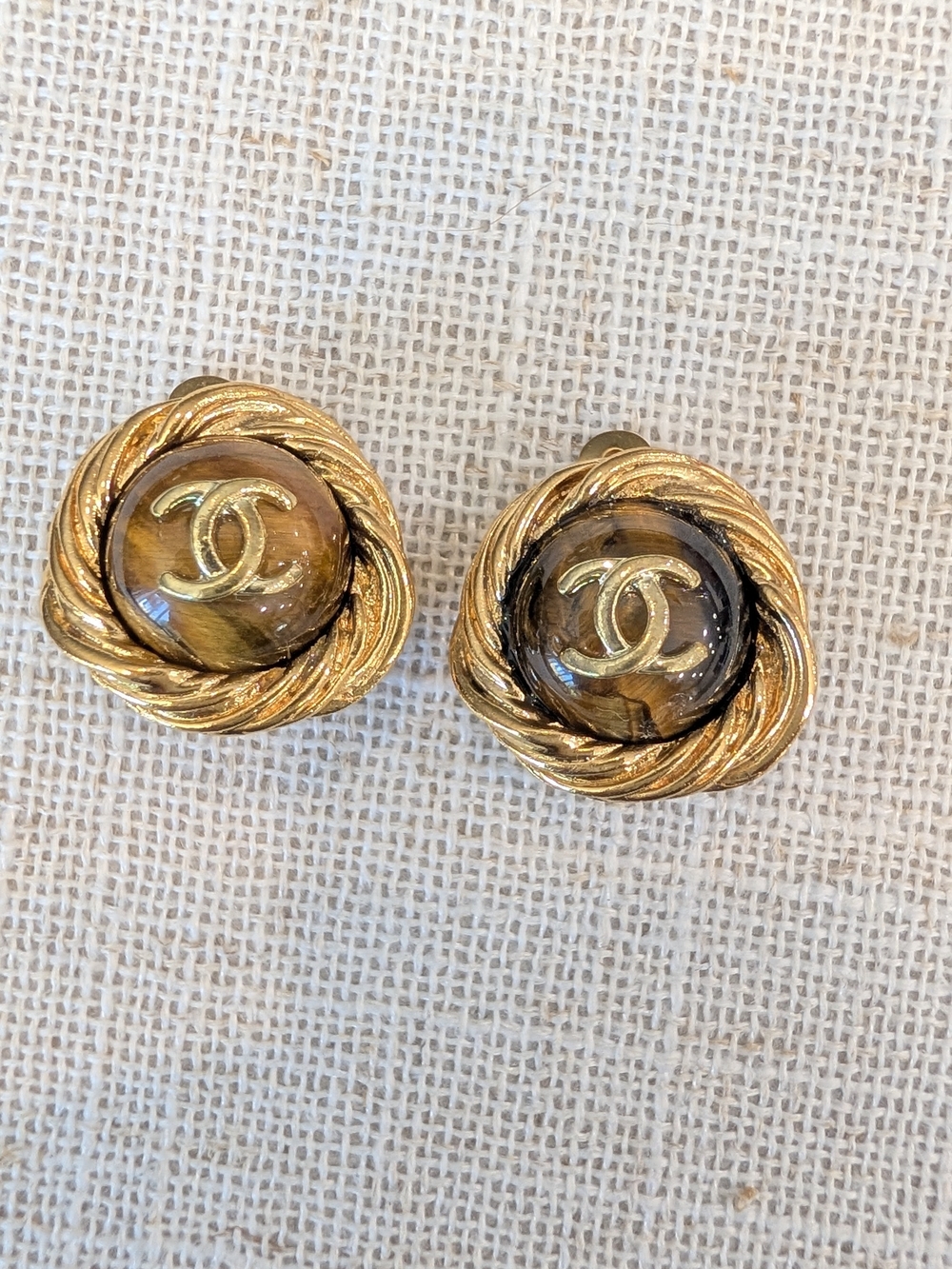 Chanel Vintage Tiger Eye Gold Plated Clip On Earrings